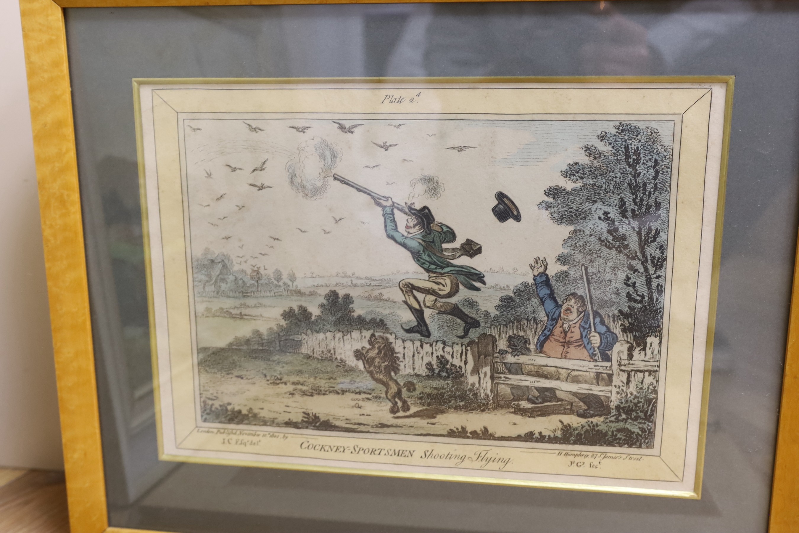 After James Gilray, set of four reprinted hand coloured engravings, Cockney sportsmen, overall 25 x 36cm
